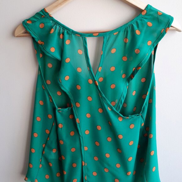 REAL APPEAL Open Back Blouse with Keyhole Detail in Green with Orange Polka Dots - Picture 4 of 5